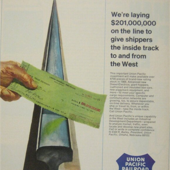 Vintage Union Pacific Railroad Print Ad Train Rail Track Check 1960s - Picture 2 of 2